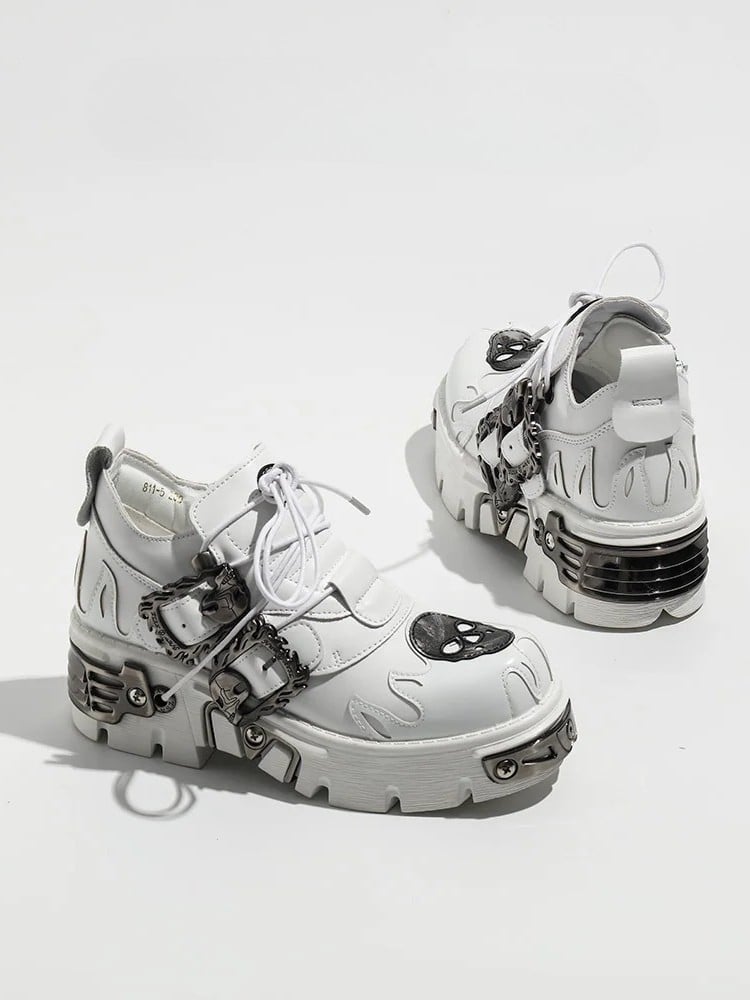 in White - Buckles Detailing Flame Style Skeleton Design Platforms Gothic And