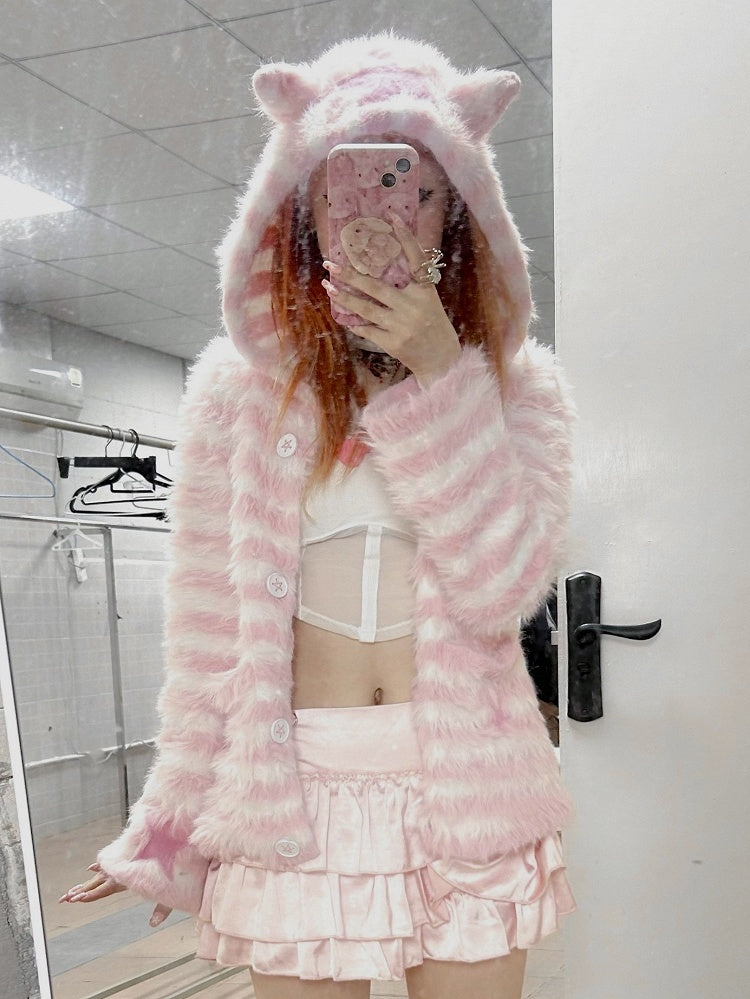 Jacket Striped Ear Hooded Star with White Cat Pink Accents Front Button-Up