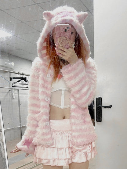 Jacket Striped Ear Hooded Star with White Cat Pink Accents Front Button-Up