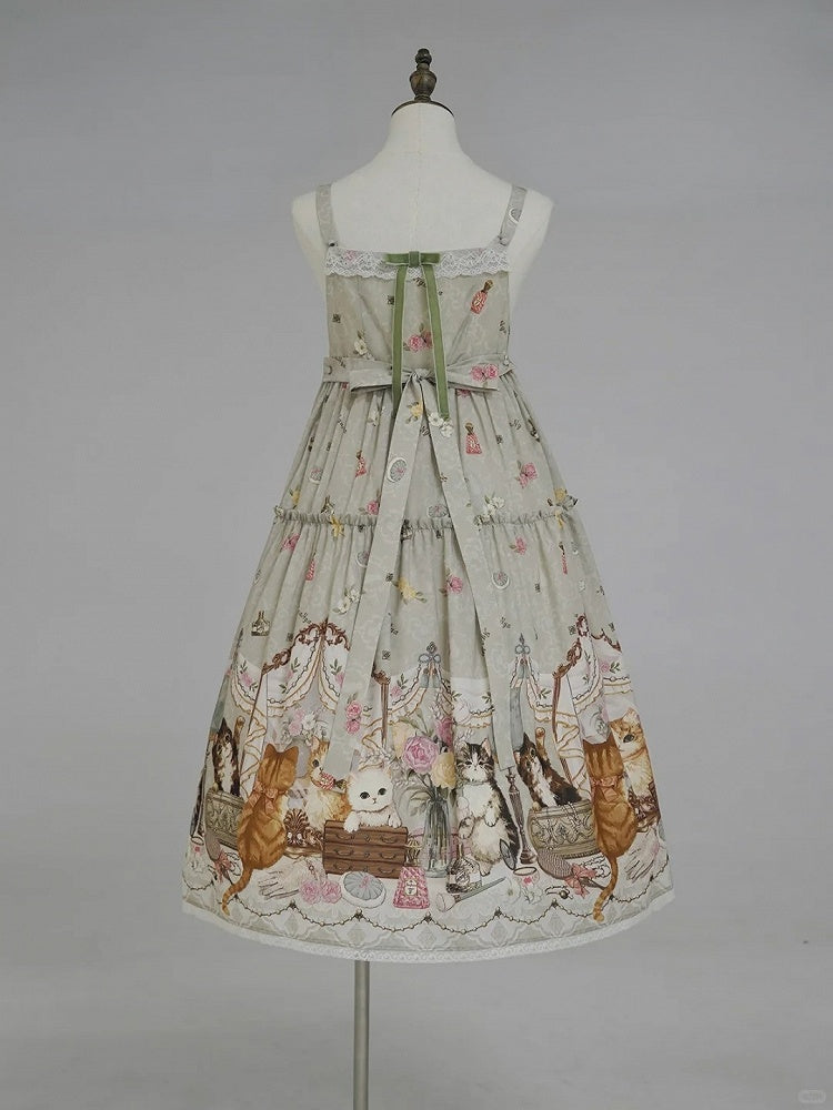 Green Cat Print High Waist Sweet Lolita Jumper Skirt - NyaNya