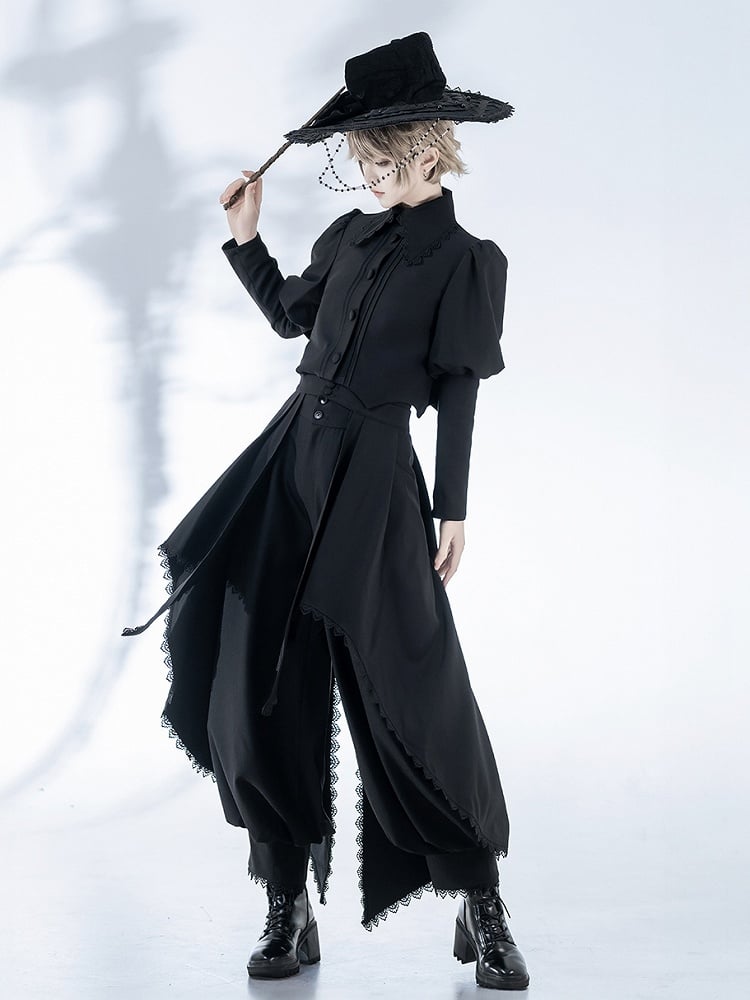 Lolita Black Gothic Cropped with Curved Wizard-Inspired Top Ouji Hemline