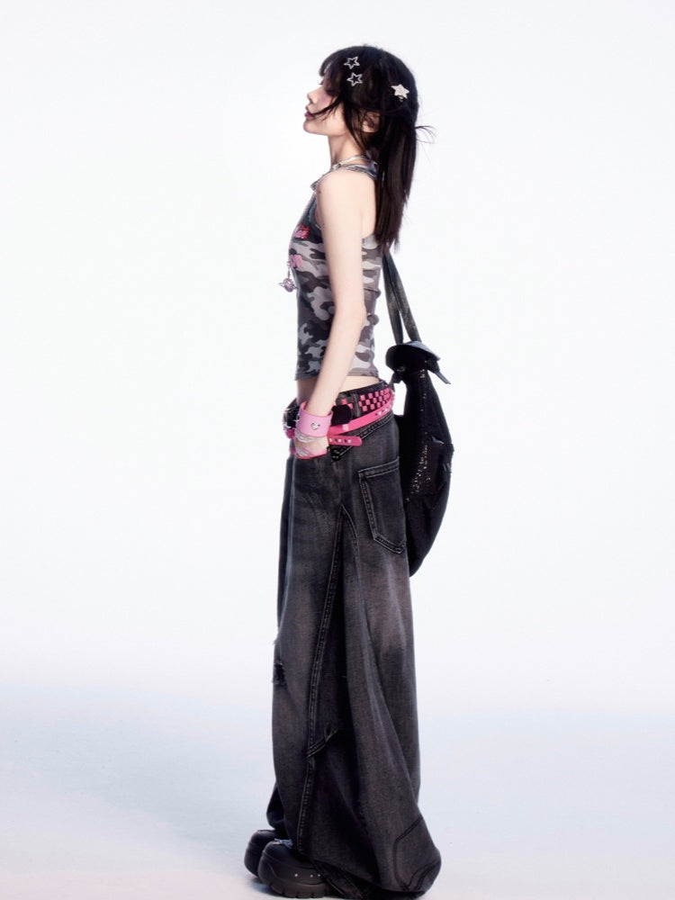 ヴィンテージウエスト、ダメージ加工、穴あきブラック、ローカット、ワイドレッグジーンズ