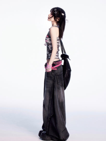 ヴィンテージウエスト、ダメージ加工、穴あきブラック、ローカット、ワイドレッグジーンズ