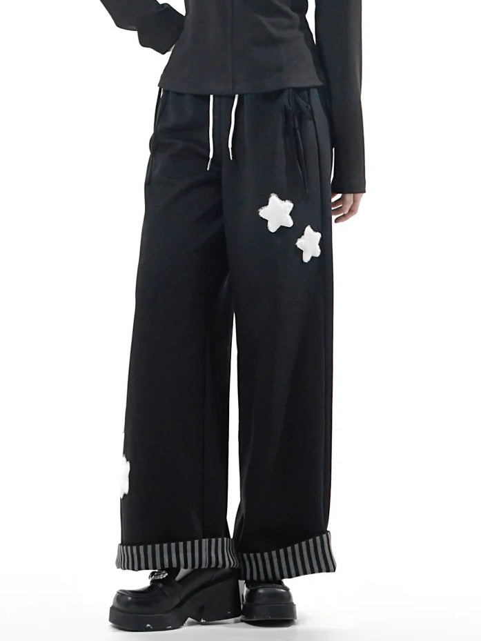 Gray/Black/Beige Plush with Rolled Star Cuffs Appliques Dark Sweatpants Striped