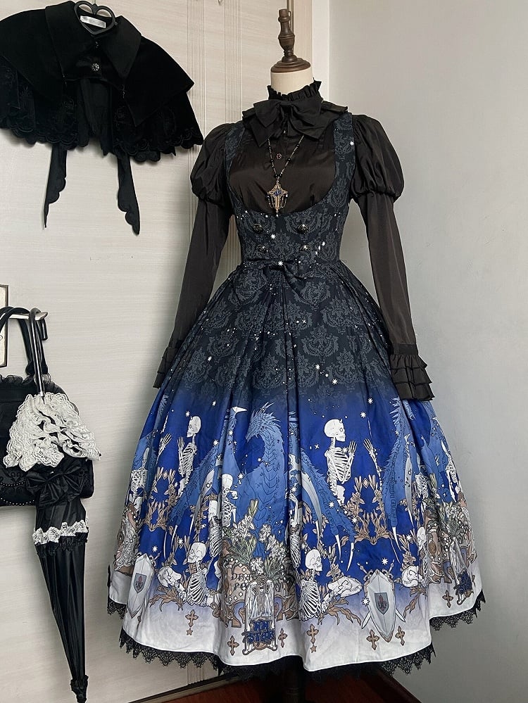 Blue Gothic Lolita and Under with Cross Bust Dress Black Lace Print Trim Skeleton