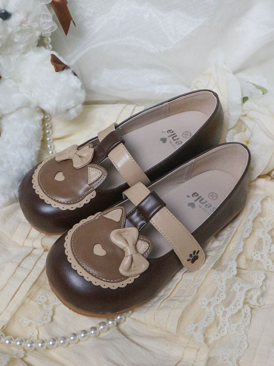 PU Kitty Sweet Closures - Flats Scalloped Hem Brown Velcro at Top Embroidery Cat Paw Strap