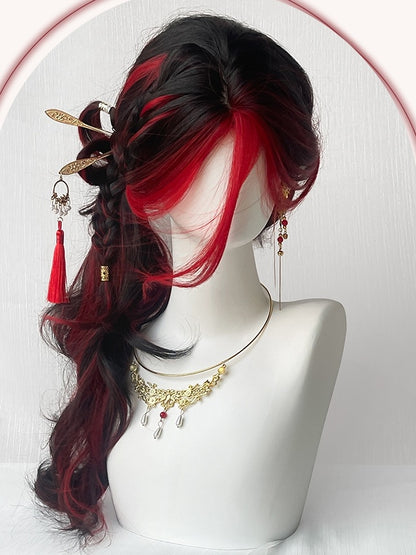 Black and Red Highlights Long Wavy Synthetic Wig With Curtain Bangs