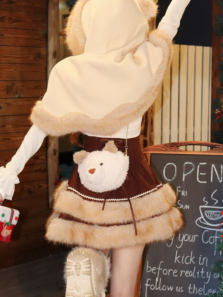 Brown Plush Trim Mini Layered Skirt Sweet Lolita