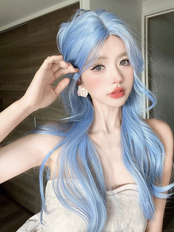 カーテンバング付きブルーロングウェーブ合成ウィッグ