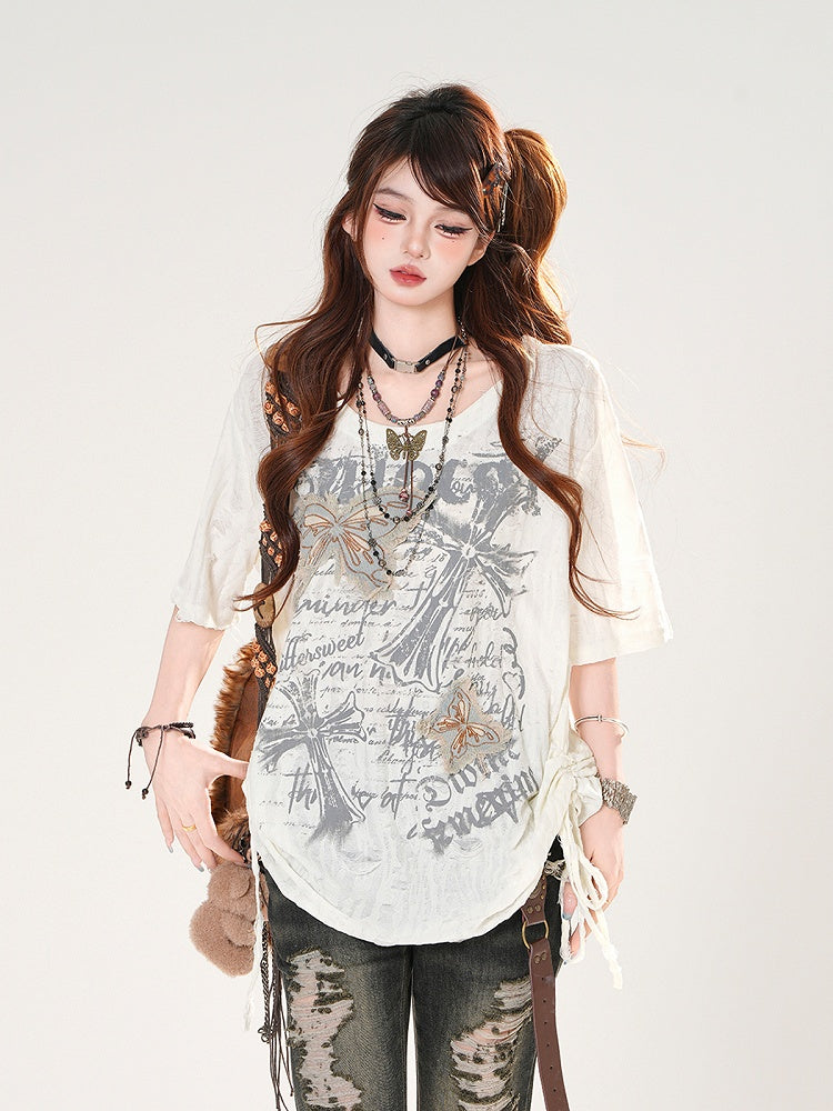 バタフライアップリケ クロスプリント ダメージ加工 穴あき