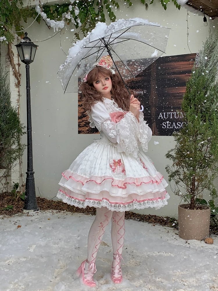 White and Pink Bowknot Details Tiered Skirt Sweet Lolita Dress Jumper Skirt