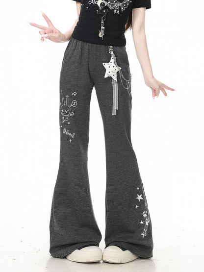 Embroidered Black Striped Flared Pants with Star Charm