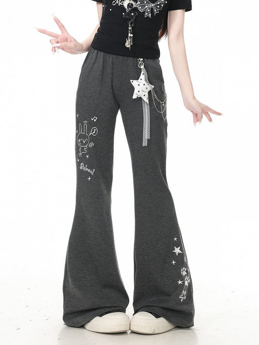 Embroidered Black Striped Flared Pants with Star Charm