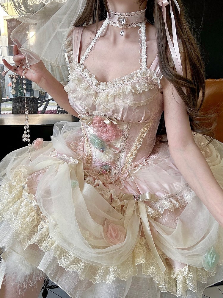 Entbeint Vollkorsett Hanayome Rosa Kleid JSK Floral Taille Prinzessin Lolita Set Fee