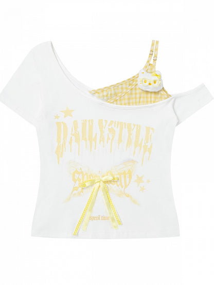 Yellow Off-Shoulder Tee with Bow and Kitty Motif - Languid Park