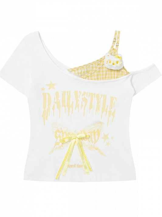Yellow Off-Shoulder Tee with Bow and Kitty Motif - Languid Park