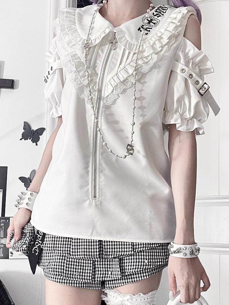 Ruffle Cut-Outs Triangular with White Chest Sleeve Short Gothic Shirt Accents Shoulder Puff
