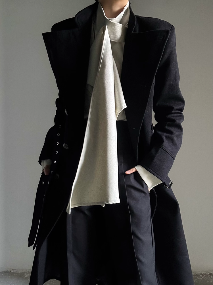 Wear Collar Ouji with Convertible Versatile - Black Open Trench or Coat Lolita Cinched