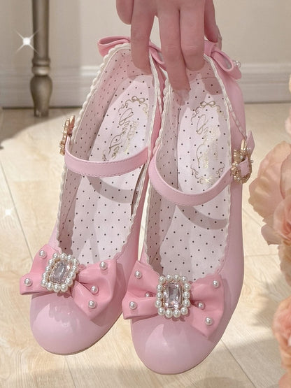 ジェーンズ ボウノット ラインストーン装飾 ラウンド メアリー ロリータ ディテール ビーズトゥ ピンク