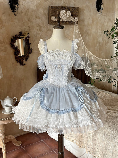 Blue White Layered Drawstring Princess JSK Bow Train Dress - Iris fleur