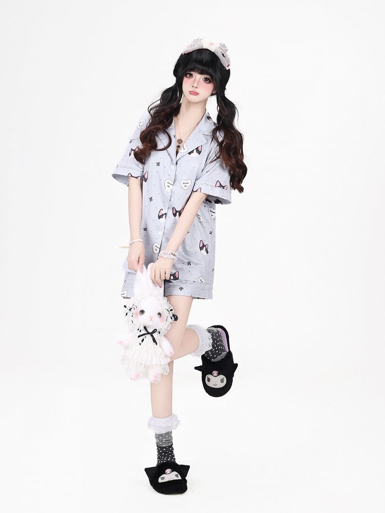 Grey Cute Otaku Kitten Print Short Lounge Wear Two-Piece Set - Short-Sleeve Top + Shorts - CRAZY GIRL