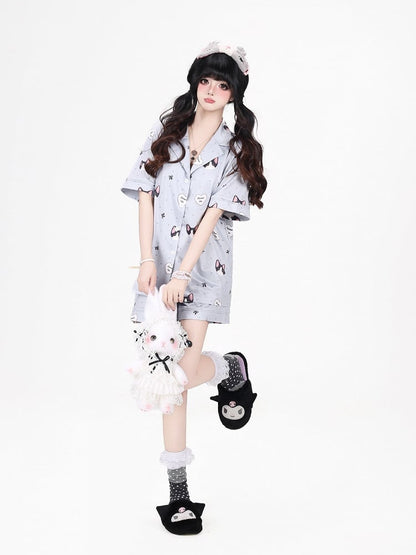 Grey Cute Otaku Kitten Print Short Lounge Wear Two-Piece Set - Short-Sleeve Top + Shorts - CRAZY GIRL