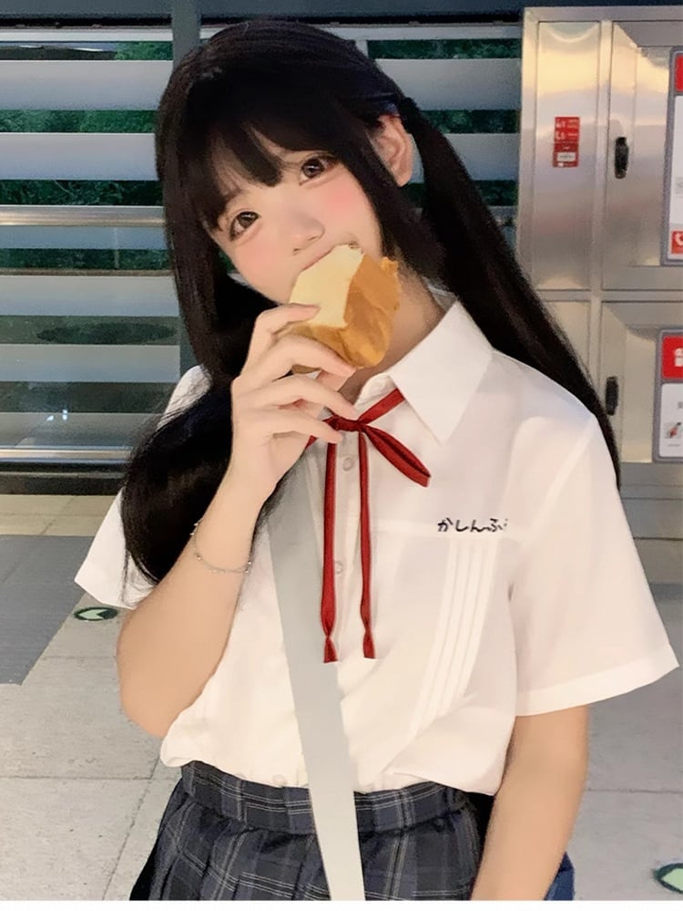 プレッピーなショート丈ディテールのホワイトプリーツバージョンスタイルスリーブカラーシャツ