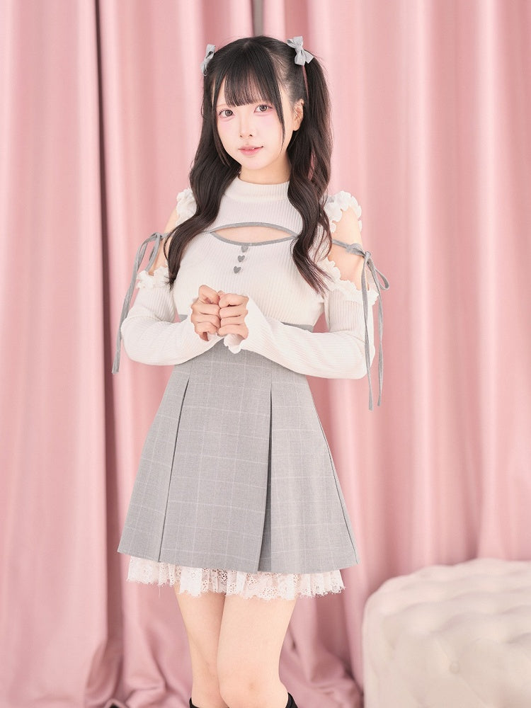 White Cut-Out Shoulder Knit Plaid Dress with Lace Trim - No Genki