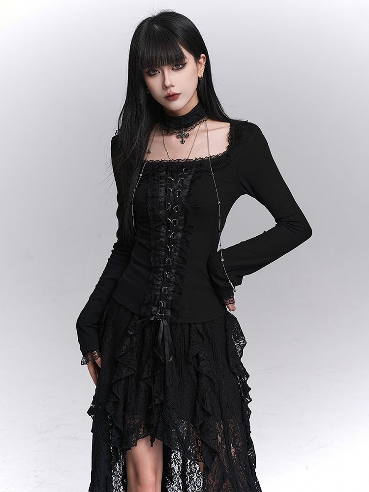 Crisscross Choker Black Gothic Trim with Lace-Up Top Lace Front Halloween Matching