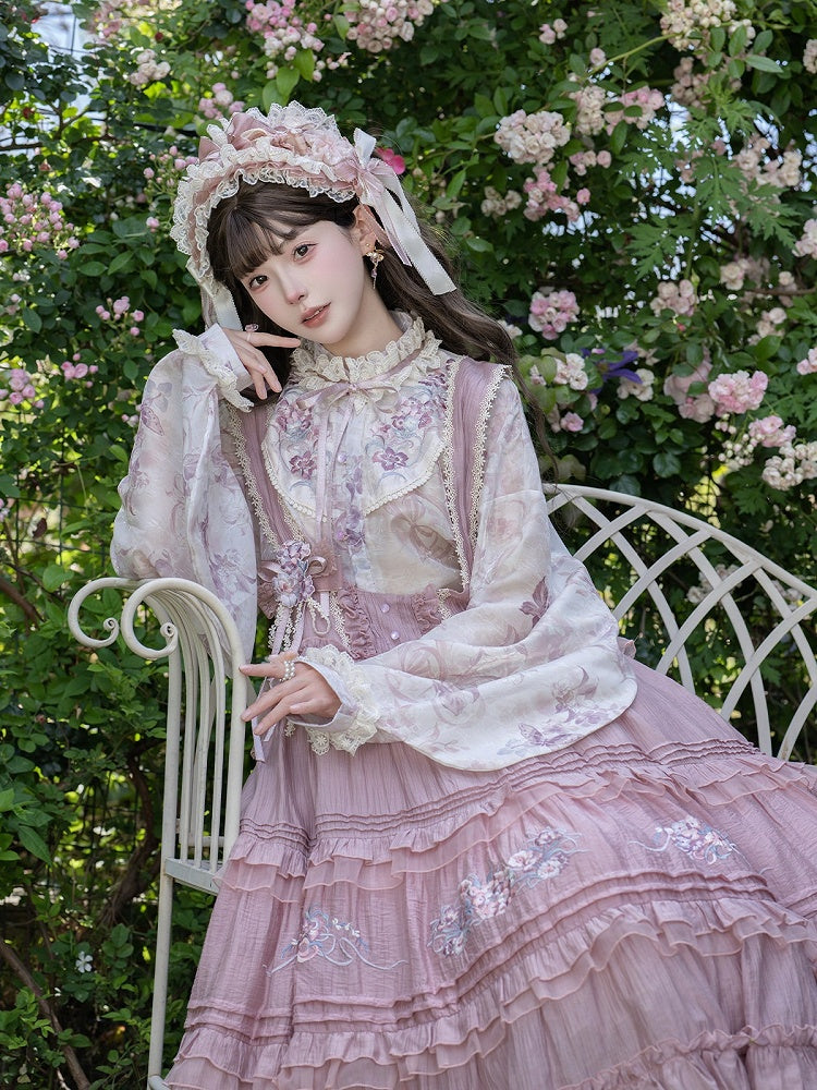 Han Lolita Style Summer Floral Embroidery Pipa Sleeves Top - Luo Xiu Dong Xiang
