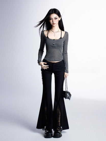 ラウンドネックのヴィンテージブラック＆グレーストライプ柄トップス