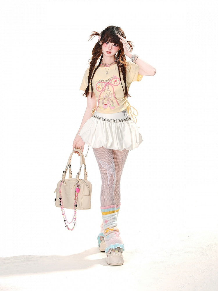 Glamorous Bowknot Schwarz/Gelb/Pink Cropped T-Shirt Kordelzug Taille Akzent