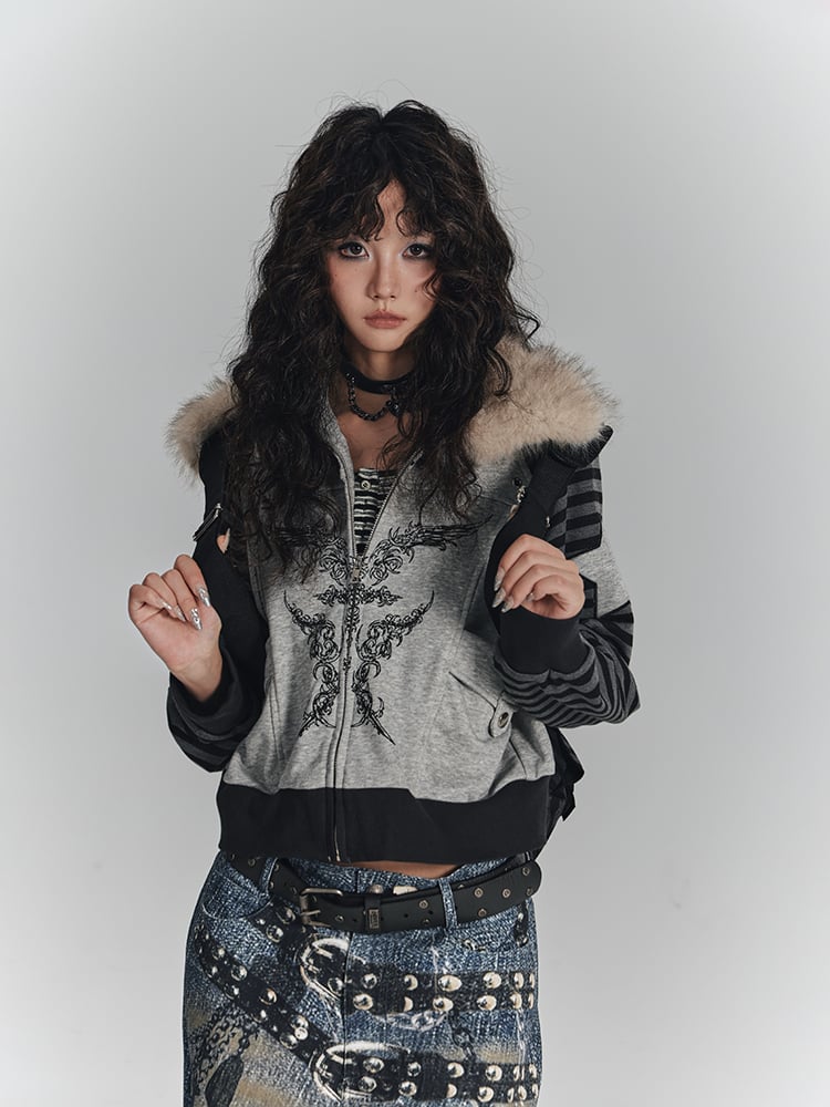 Punk Striped Fur Gray Wing Faux Print Collar Zip-Up Sleeves with Jacket
