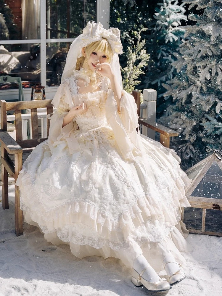 Lolita Dress JSK Ruffles Flowing Hanayome Yellow Version Rose Layered Accents with Long Light