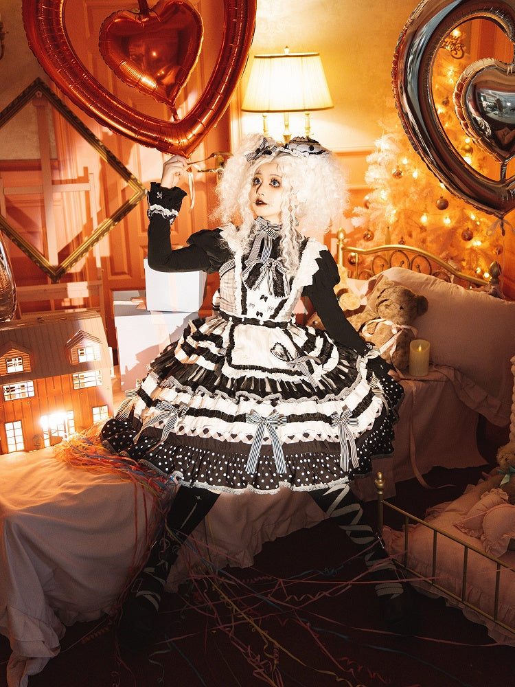 Bow Skirt Lolita Sweet and Black Tiered White Oreo Cake Accents Dress