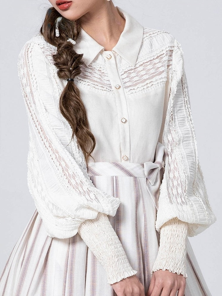 Sleeves Patches Lace Beige Contrast Blouse Lolita Balloon