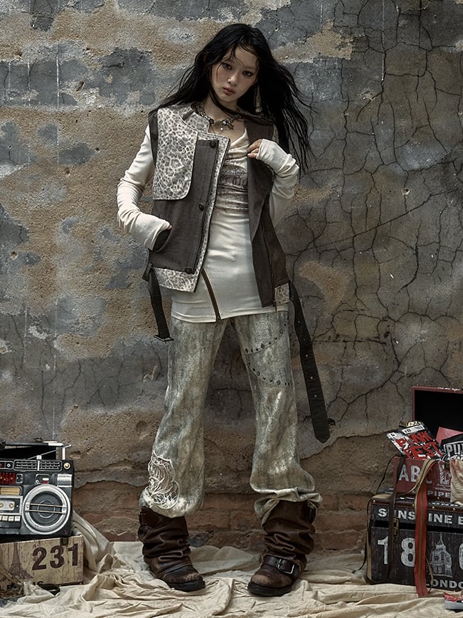 Braune und graue Punk-Streetwear-Leopardenjacke