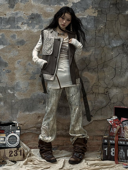 Braune und graue Punk-Streetwear-Leopardenjacke