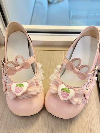 Lolita Appliques Shoes Mary Pink Bunny-Themed Jane Heart-shaped Sweet with