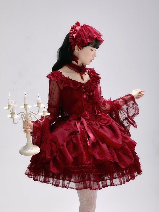 Red Bell Sleeve Lolita Cardigan with Ruffles and Bow