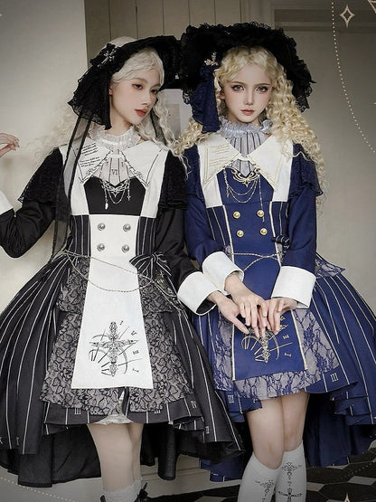 Embroidery+Waist Cross Lolita Watch Dress Full Collar Blue White Nun Chain+Pocket Chain+Detachable Striped Belt+Waist Set with Dark