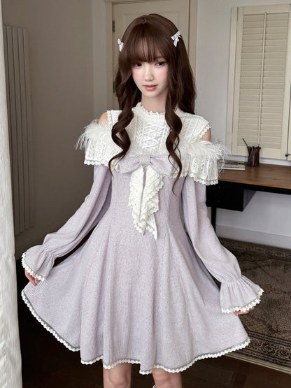 Seiso-kei Cutout Shoulder Long Sleeve Knit Dress in Purple with Feather and Lace Trim - LA LA JK