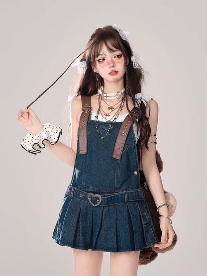 Pleat Skirt Bittersweet Blue Denim Overall Dress Box with Heart-Shaped Buckles