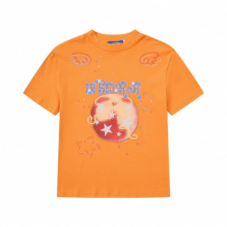 Orange Crew-Neck Tee with Fruit & Star Motif - Languid Park