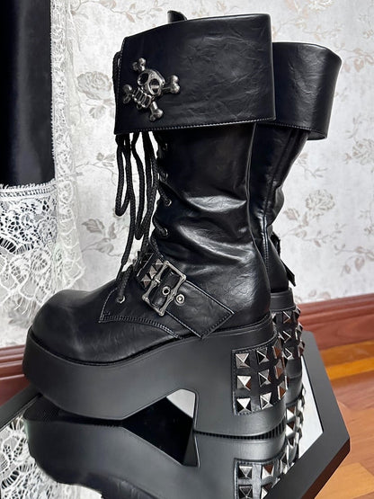 Skeleton Black Gothic Heel Boots Platform Chunky Decor PU -