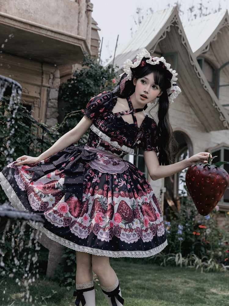 Black Strawberry Square Neck Puff Sleeve Lolita OP