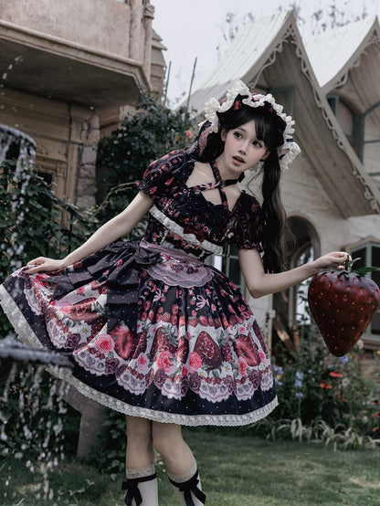 Black Strawberry Square Neck Puff Sleeve Lolita OP