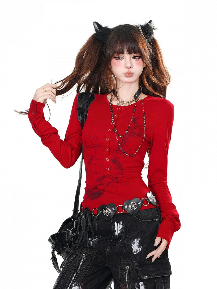 Rot/Schwarzes, schmal geschnittenes Bittersweet-Top mit Rundhalsausschnitt