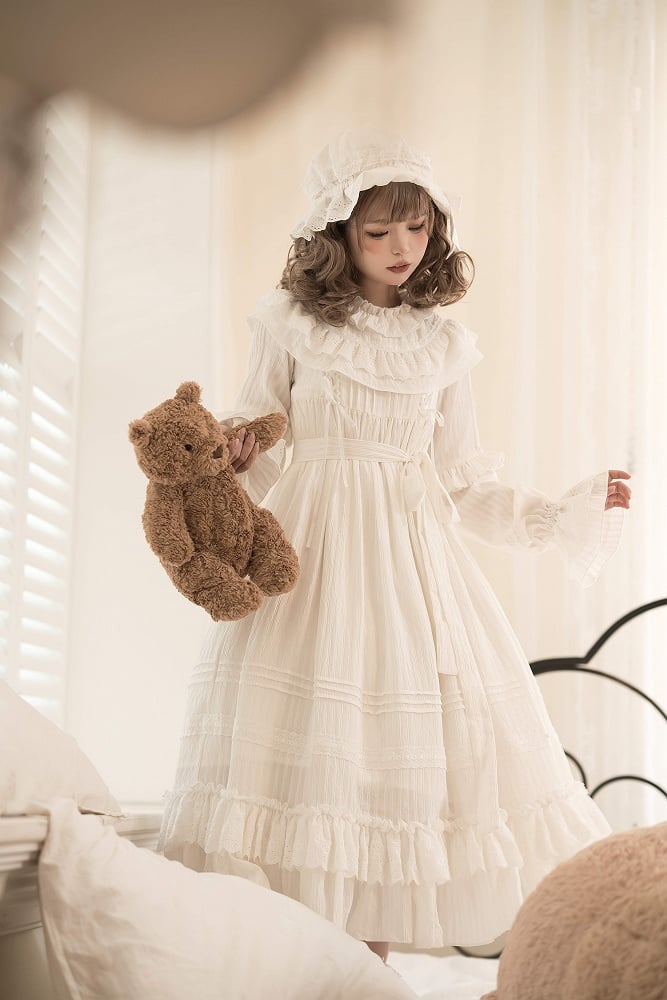 Ruffled Neck Layered Hem Shiro Lolita Dress - sanshanjiu