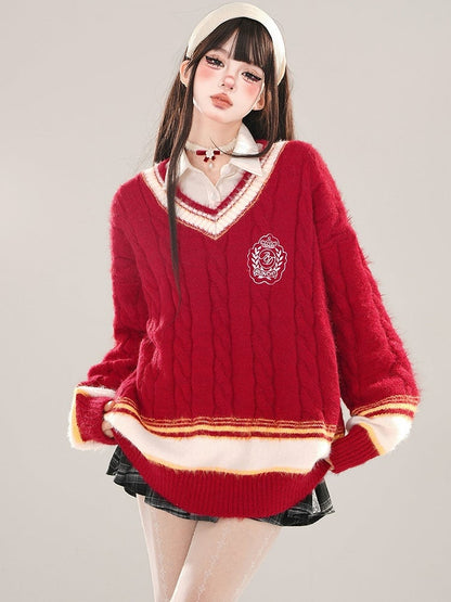 レッドプレッピースタイルVネックルーズセーター